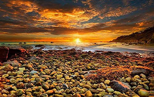 Papier Peint Panoramique Soleil Du Soir, Paysage De Bord De Mer, Pierre Papier Peint 3D Tapisserie Murales Chambre Salon Décoration,150x105cm