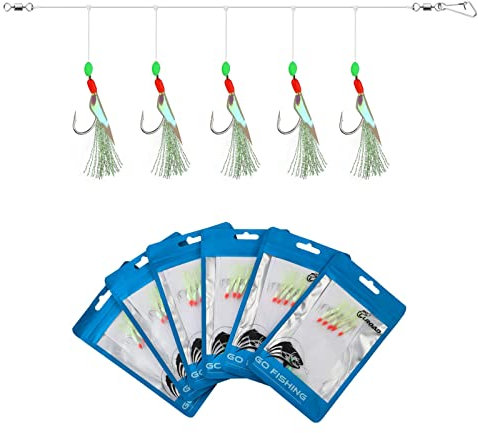 Luroad Makrelenfeder-Rigs mit leuchtenden Perlen, bionische Fliegende Insekten, Köder für Makrelen, Seelachse, Hering, Barsch, 6 Stück (Fluo - 6 stück, Gr. 16)