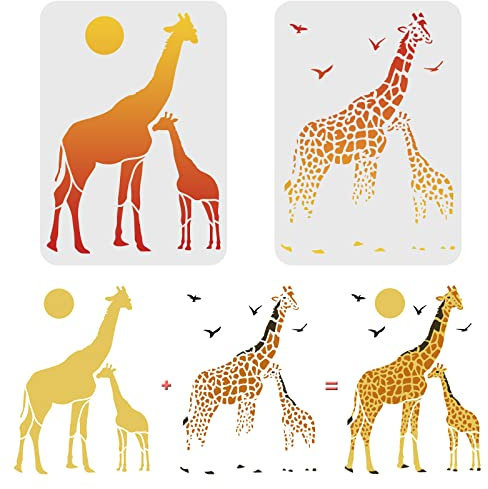 FINGERINSPIRE 2 Stück Giraffen Schablonen Vorlage 29,7x21cm Kunststoff Zwei Giraffen Zeichnung Malschablonen Sonnenvogel Giraffe Musterschablonen zum Malen auf Holz, Boden, Wand und Fliesen