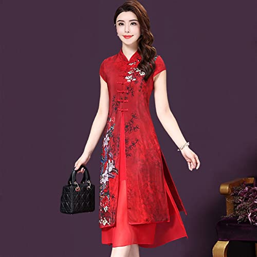 Vintage Chinese Chinese Fiesta Vestidos Mujeres Retro Mandarin Cuello Floral Vestido de Verano con Clase Señora Cintura Vestidos A-Line (Color : 1828 Red, Size : XXL)