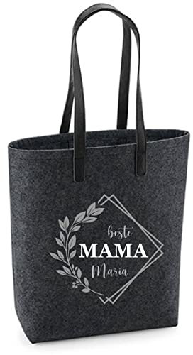 Filztasche 'Beste Mama' | Damen-Tasche mit Motivdruck | Bedruckt und Personalisiert mit Blumenkranz und Spruch | Shopper Geschenk Mama Oma (Dunkelgrau)