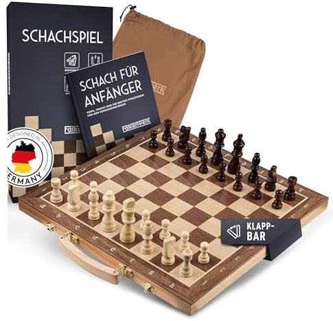 FALKENWERK Magnetisches Schachspiel Holz [38x38 cm] - Handgefertigtes Schachbrett aus Echtholz - Hochwertiges Schach Brett inkl. Anleitung & Tipps - Klappbares Chess Board mit Tragegriff