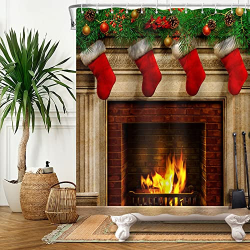 SDOTPMT 152x183cm Weihnachten Kamin Duschvorhang Frohe Weihnachten Geschenke Rot Socken Kiefer Blatt Badevorhang Jahrgang Backstein Winter Badewannenvorhang für Badezimmer Polyester mit Haken