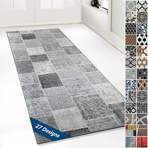 Floordirekt Teppichläufer mit Muster - maßgefertigter Feinschlingen Teppich Läufer für Küche, Flur & Wohnraum - Ornament Vintage Orient Gitter (80 x 400 cm, Monsano Anthrazit)