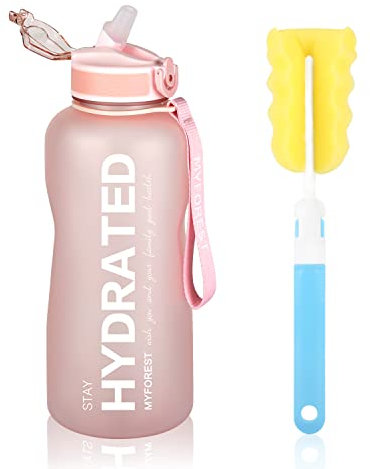 MYFOREST Botella grande de 2,2 litros/2200 ml, marca de tiempo para hidratación motivadora, a prueba de caídas, sin BPA, cierre plegable/pajita/apertura ancha para limpieza: botella de agua
