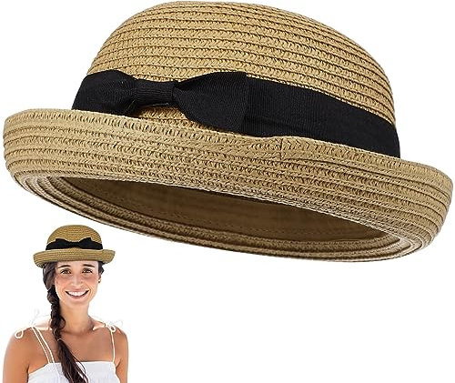 NUOBESTY Sonnenhut Aus Gewebtem Stroh Mit Runder Oberseite Und Crimpbesatz FüR Damen Sommer Strand Party AktivitäTen Im Freien