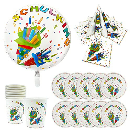 Oblique Unique® Schuleinführung Schulanfang Einschulung Deko Set - Folienballon “Schulkind” + 20 Servietten + Pappteller + Pappbecher (Bunt - Set mit 10x Pappteller + 10x Pappbecher)