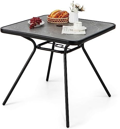 COSTWAY Gartentisch mit Tischplatte aus Kunstmarmor, Terrassentisch mit Schirmloch, Balkontisch für 4 Personen, Outdoor-Esstisch für Hof, Terrasse, Garten, 80 x 80 x 72,5 cm
