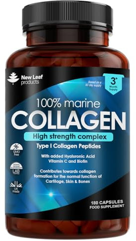 Pure Marine Collagen 100% Marine Collagen Type 1 1500mg - 180 Capusles Hydrolysed Collagen Peptides Enhanced with Hyaluronic Acid & Vitamin C, High Strength Collagen Supplements for Women and Men