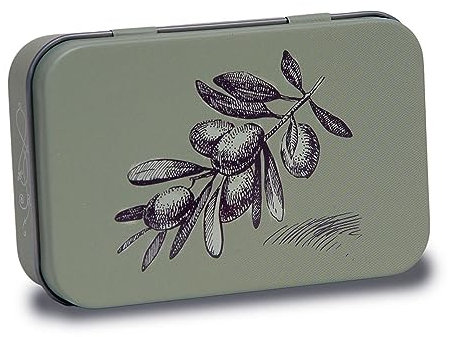 La Maison du Savon de Marseille Seifendose mit Olivenöl duftender Sheabutter-Seife im Oliven-Design – Seifenhalter für die Dusche und Reiseseifenbox – 125 g Seifenstück