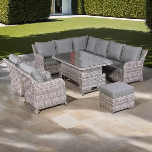 Rattan park Sicily Range 9 Seater Rattan Garden Furniture Aluminium Left Hand Corner sofa Set with Rising Table and Two Chairs in Grey Weave (9 Seater Corner Sofa)