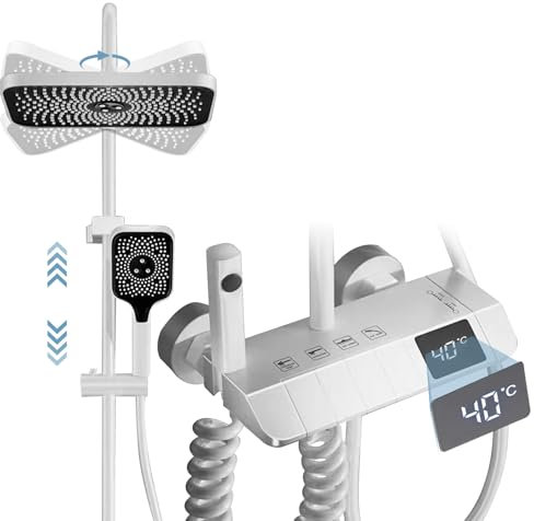 Sistema de ducha con termostato, pantalla digital LED, juego de columna de ducha, ducha de mano con 3 intensidades de chorro, juego de ducha con grifo, barra de ducha ajustable y alcachofa cuadrada