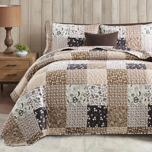 Menghomeus Braunes Steppdecken-Set für King-Size-Bett, Boho-Patchwork-Tagesdecke, Blumenmuster, wendbar, für alle Jahreszeiten, weiche Mikrofaser, Bauernhaus-Bettwäsche, 264,2 x 228,6 cm