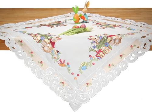 Ostern Tischdecke Weiß mit Häschen Narzissen Stickerei - Polyester ca. 110 x 110 cm