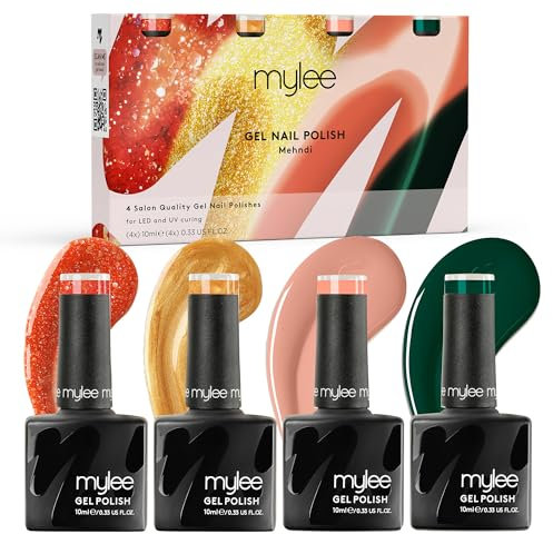 Mylee Gel Nail Polish Quad Set 4x10ml [Mehndi] UV/LED Soak-Off Nail Art Manicure Pedicure for Professional, Salon & Home Use [Unveiled Collection] - Long Lasting & Easy to Apply
