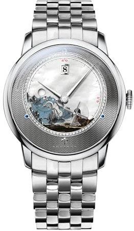 LOBINNI Herren-Armbanduhr, automatisch, mechanisch, modisch, luxuriös, wasserdicht, Lederarmband/Edelstahl, Silbergrauer Stahl