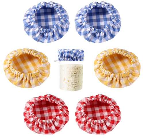 6st Stoff Deckel Gläser, Karierte Baumwolle Stoff Deckel für Marmeladengläser Elastisch Ungebleicht Stoffdeckelbezug Wiederverwendbar Stoffabdeckung Schüssel für 7,62-10,16cm Glasmündung