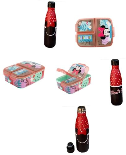 PELLECCHIA 1969 | Set Pranzo Scuola 2 Pezzi | Porta Merenda Scuola con 3 scomparti in Plastica BPA Free e Bottiglia termica in acciaio inossidabile con tappo svitabile 500ml (MINNIE 2)