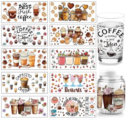 arricraft 10 Blatt Getränke Desserts UV DTF Cup Wrap, Kaffee-, Milch-, Tee- Und Kuchenmuster, Abziehbilder, Wasserfeste PVC-Transferaufkleber Für Selbstgemachte Glasbecher Oder