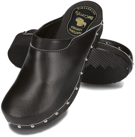 BeComfy Unisex Leder Clogs Damen Holzclogs Herren Echtleder Holzclogs Gartenclogs Holzsohle 35-46 EU (Schwarz Komfort, EU Schuhgrößensystem, Erwachsene, Numerisch, M, 35)