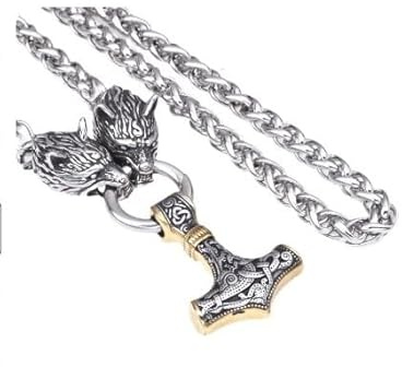 Generisch Nordische Wikinger Halskette mit Wolfskopf G-Silber mit Silber Thors Hammer Anhänger