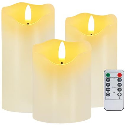 AVEKI Flickering Flameless Candles, White Real Wax Battery Operated LED Candle with Remote Timer & Brightness Function, Set of 3 Pillar Candles Lights Decor for Festival Wedding Home (White)