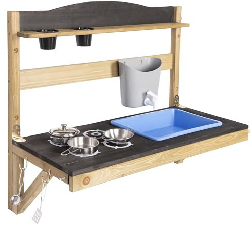 ONVAYA® Hänge-Matschküche ǀ faltbar ǀ Braun ǀ für Outdoor und Indoor ǀ wetterfest ǀ mit Edelstahl-Kochset ǀ Matschküche für den Garten