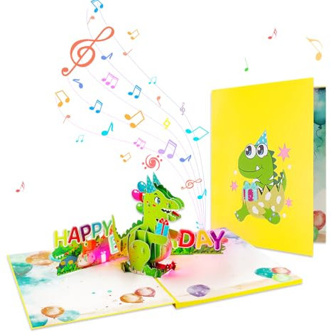 GREETING ART Pop-Up Karte Dinosaurier- Lustige 3D Geburtstagskarte für Kinder, Pop Up Geburtstagskarten mit Musik und Licht, Glückwunschkarte zum Kindergeburtstag von Jungen & Mädchen