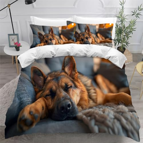NYSMGS Bettwäsche 135x200 Deutscher Schäferhund Mädchen Jungen Kinder 3D Druck Tiere Hunde Bettbezug Weich 100% Mikrofaser Bettwäsche-Sets 2Teilig mit Reißverschluss und Kissenbezüge 80x80 cm A597