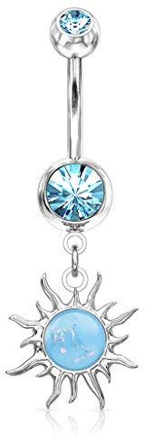 beyoutifulthings Bauch-nabelpiercing Silber Opal-Design Aqua Tribal-Sonne Zirkonia Blau Nabel-Piercing Chirurgenstahl Bananabell Stab-länge 10-mm