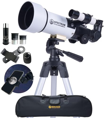 SpectrumOI TourStar 70 AZ Teleskop für Erwachsene, Astronomie-Geschenke, Reiseteleskop für Camping – Premium-Refraktor, 70 mm Blende, mit Tragetasche und Handyhalterung, Weiß