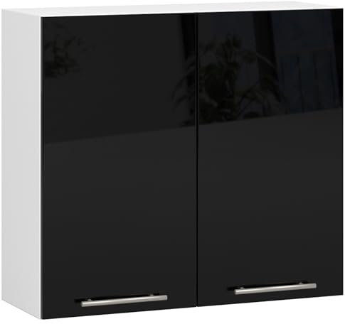 AKORD | Küchenhängeschrank - Oliwia W80 | 2 Regalböden & 2 Tür Küche Schrank | Einbauküche Küchenzeile Küchenmöbel Küchenschränke | Laminierte Platte | 80 x 30 x 72 cm | Weiß & Schwarz Glanz