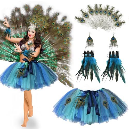 Joellfuner Damen Pfau Kostüm, Blau Grün Pfau Tüllrock mit 10 Pfauenfedern, Feder Armband, Ohrringe, Tutu Rock Pfau Kostüm Halloween Karneval Mottoparty Cosplay, Fasching Party Kostüm Zubehör
