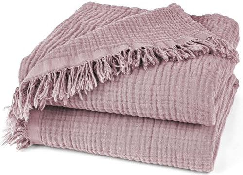 Pure Label Musselin Decke 220x240cm - Oeko-Tex zertifizierte Tagesdecke aus 100% Baumwolle | Musselin Wohn- & Kuscheldecke für Couch und Sofa in XXL | 220 x 240 cm, Farbe der Decke Mauve