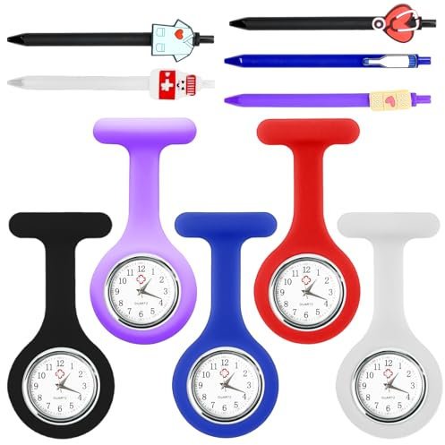 Krankenschwester Uhren: 5 STK Tragbar Quarzuhr Krankenschwesteruhr Mit Clip mit 5 Stück Krankenschwesterstift, Krankenschwester Muster Schwesternuhr, Taschenuhr für Doktor Pfleger Krankenschwester