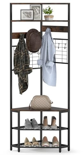 COSTWAY 180CM Garderobenständer Eck, 3 in 1 Kleiderständer & Sitzbank & Schuhregal, inkl. 12 Haken, Aufbewahrungsregal Garderobe für Flur Wohnzimmer, Schlafzimmer (Vintage Braun)