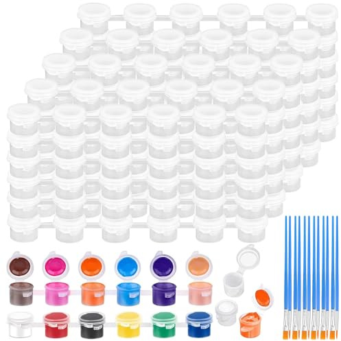 LOPYXBR 150PCS Empty Paint Pot with Brush Set, 50 x 6-Well Strips 5ml Paints Pots with Lids, Clear Oils Paint Cups 50 x Fine Paint Brushes and 50 x Flat Paints Brushes for Arts and Crafts Paintings