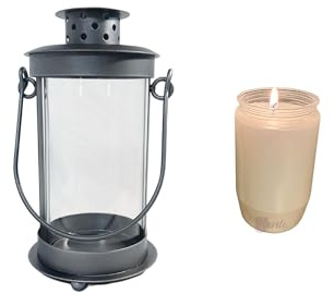 Mariles Laterne mit Griff zum Stellen wetterfest Grablaterne Grablicht Grableuchte Friedhofslaterne Windlicht Gartenlaterne Gartenlicht Garten Grab - Silber/Weiße Kerze - 17 cm