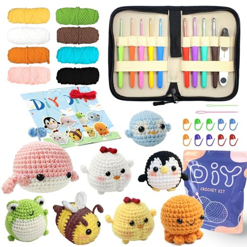YAMAXIN Häkelset und Häkelnadel Set 2.0-6.0mm für Anfänger-8 Stück Wal, Küken, Pinguin, Biene, Frosch, Oktopus, Starter Amigurumi Strickset und Garn Craft Kits (8 Stück Tier mit Haken Set 2.0-6.0mm)