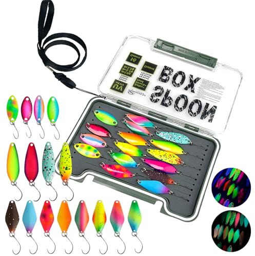 Alle-Kupfer Spoons Forelle, 16x UV-Aktiv und Selbstleuchtend Forellenköder Neuheiten, Machilea Spoon Set mit Box, Forellen Köder Blinker Angeln Forellen Spoon Angelköder 1.6g/2.5g/3.5g