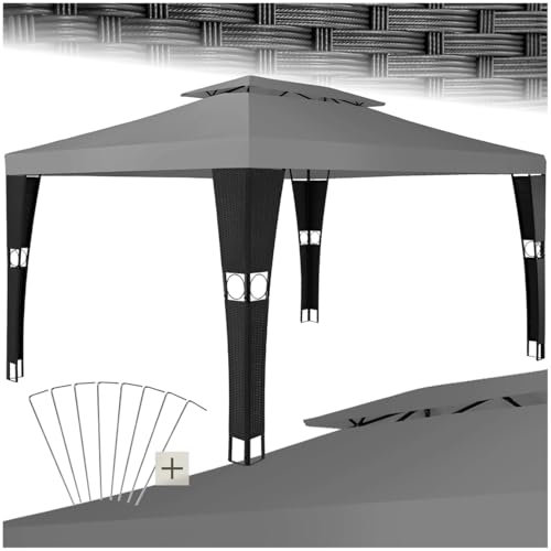 tectake® Poly Rattan Pavillon wetterfest, 3x4 m, Zelt, Sonnenschutz Balkon, Gartenpavillon, Partyzelt, Sonnenschutz Terrasse, Überdachung, Sonnenpavillon Garten - schwarz/anthrazit