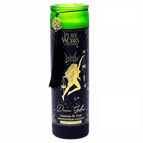 LivuX Manifestationskerze Göttliche Göttin 80 Std. – Glas mit Quaste, 20x5,5 cm, handgegossen Soja- & Palmwachs, ätherische Öle, Jasmin & Adlerholz Aroma, spirituelle Duftkerze & Dekoration 300g 1256