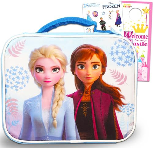Disney Ensemble de sacs à déjeuner isothermes Anna et Elsa pour les tout-petits, enfants – Ensemble de fournitures scolaires La Reine des Neiges pour filles avec autocollants, plus | Ensemble de