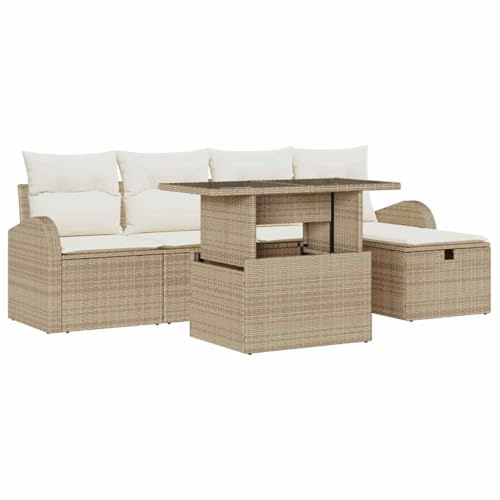 vidaXL Garten-Sofa-Set mit Kissen mit Speicher 6 pcs Beige Poly Rattan, Garten und Terrasse, modernes Möbelset, höhenverstellbare Füße, relaxe im Freien, vielseitige Sitzgruppe, Patio-Einheit