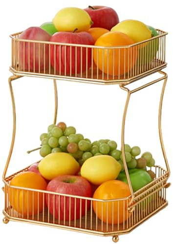 Cesta de frutas de 2 niveles 10x10x3 pulgadas organizador desmontable bandeja de frutas de metal canasta de oro hueco ideal para pan vegetal cosméticas de joyería encimera