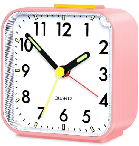 Aitvsfao Alarm Clock, Silent Bedside Non Ticking Alarm Clocks Table Bedside Clock Battery Powered Large Display Snooze Light Clocks for Heavy Sleepers Kids Bedrooms Office Travel (Pink)