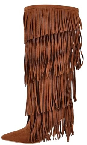 Stivali da donna a punta con frange con un comodo design a metà polpaccio e tacco alto 10 cm sottile per abbigliamento da sera sexy, Cd250643a, 44 EU