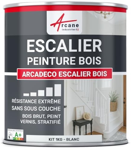 Peinture Escalier Bois Antidérapante Lessivable - ARCADÉCO 1 kg Blanc | Peinture Escalier Bois, Finition Velours, Adhère au Bois, Antidérapante, Lessivable, Séchage Rapide - Arcane Industries