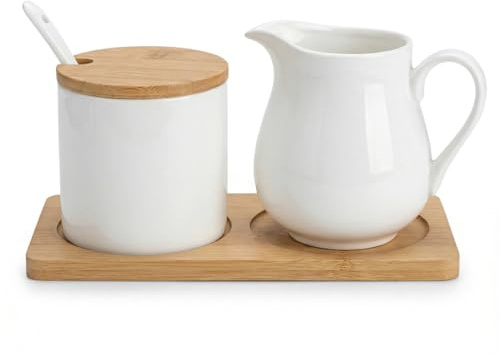 Ceramic Sugar and Creamer Set with Lid Spoon and Wooden pallets | Ceramic Coffee Bar Accessories, Cream Jug Sugar Jar, for Home Milk Coffee, Coffee Serving Set (White)