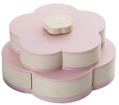 LSDZHK 2-Layer Petal-Shaped Rotating Storage Box, Candy Tray & Food Storage Container - Dried Fruit, Nuts, Wedding Melon Fruit Plate, Kitchen & Party Organizer (Pink)